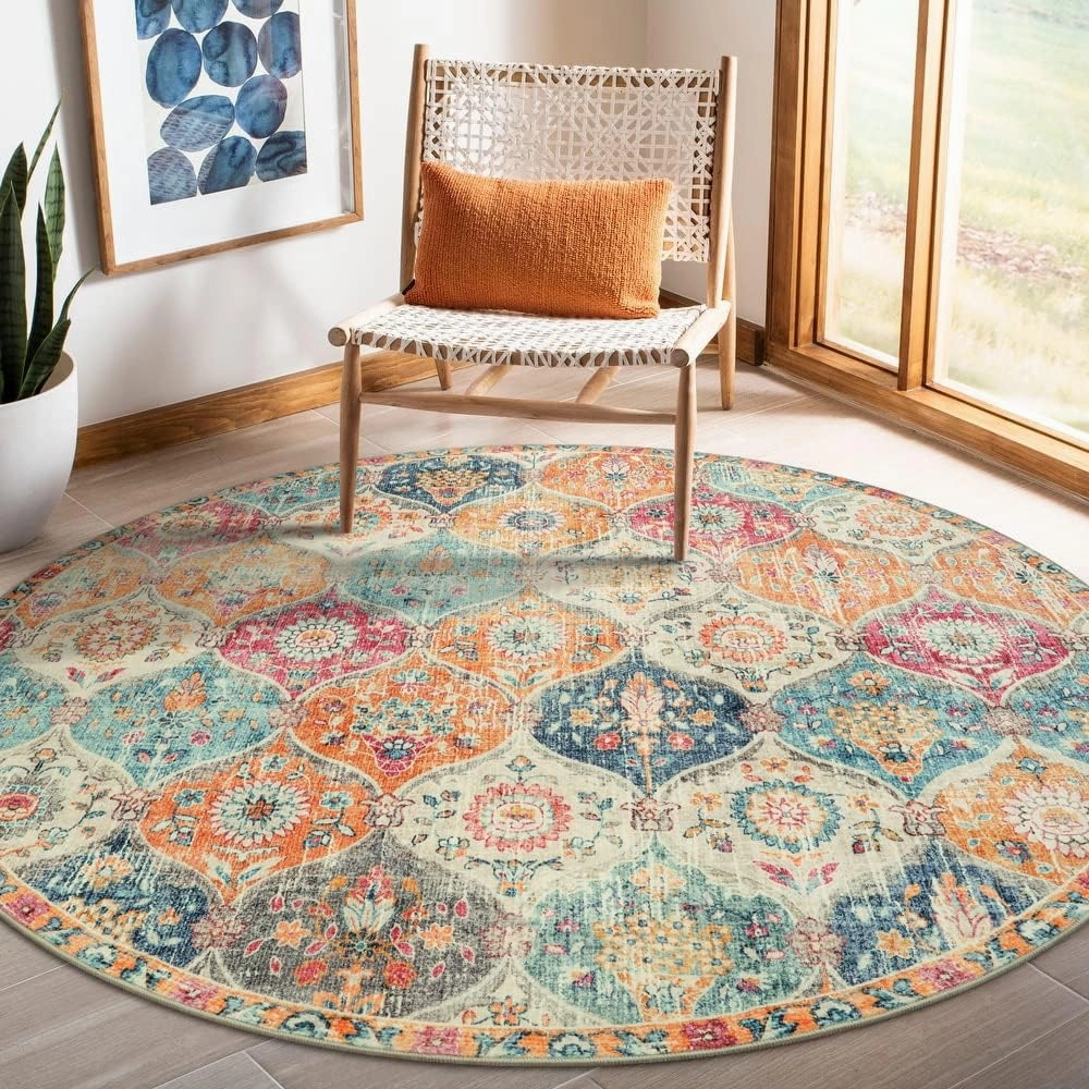 Lahome Moroccan Trellis Washable Round Area Rug, Soft Round Rugs 6ft Ultra-Thin Non-Slip, Vintage Large Circle Carpet for Bedroom Living Room Kitchen Nursery, Cream/Multi