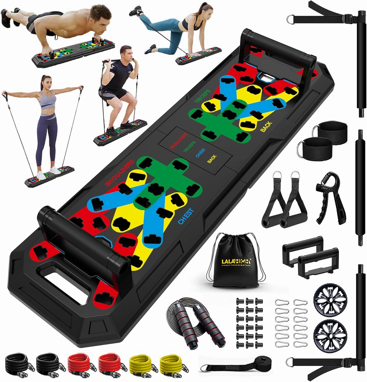 LALAHIGH Home Gym Kit, All-in-One Fitness Equipment with Push-Up Board, Resistance Bands with Bar, Pilates Bar, Pulley and Multi-Functional Training Board for Exercise Strength Training.