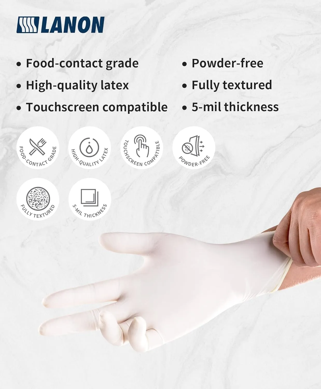 LANON 5 mil Latex Disposable Gloves, Food-Contact Grade, Powder-Free, Fully Textured, White, Medium