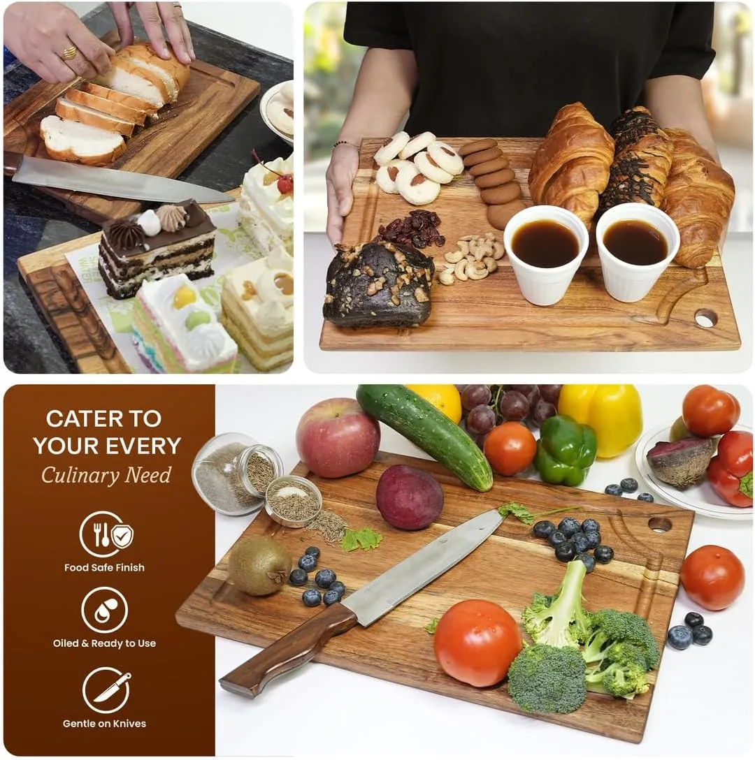 Large Acacia Wood Cutting Board for Kitchen - charcuterie Chopping Board with Juice Groove & Handle sapce for cutting Meat, Vegetables, fruits and Cheese, 16 x 11 Inch