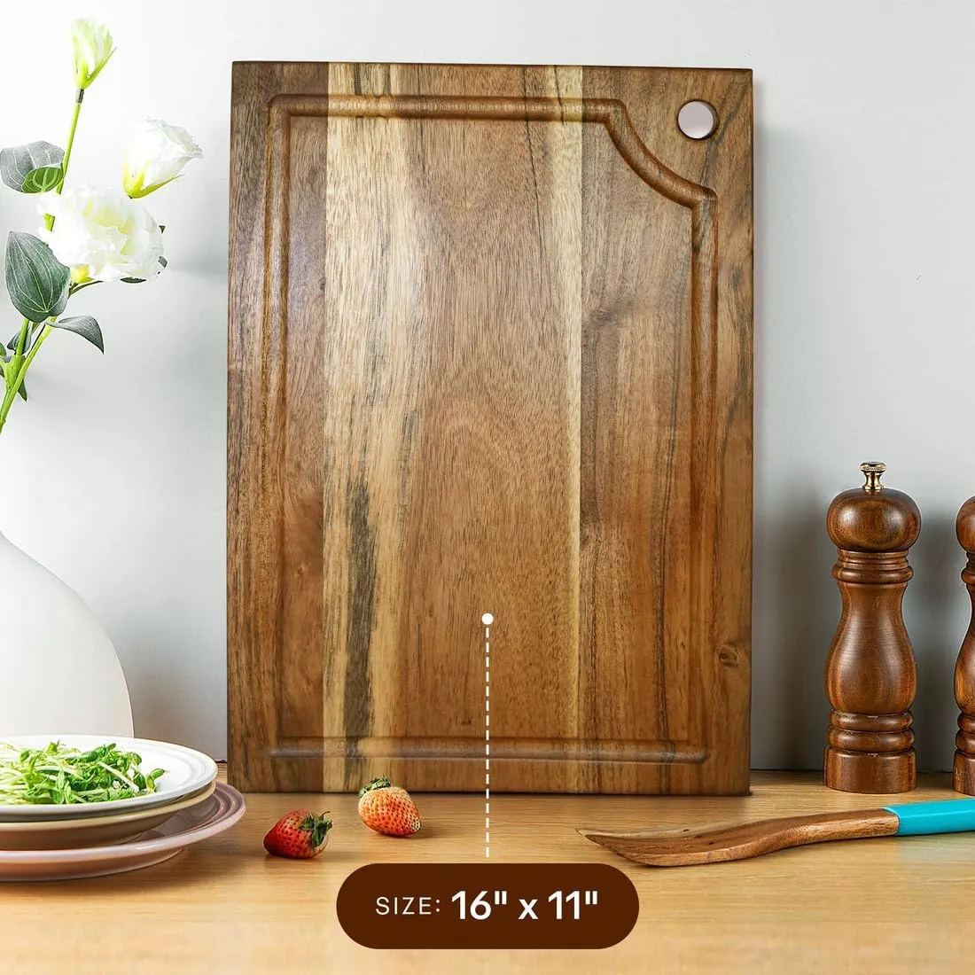 Large Acacia Wood Cutting Board for Kitchen - charcuterie Chopping Board with Juice Groove & Handle sapce for cutting Meat, Vegetables, fruits and Cheese, 16 x 11 Inch