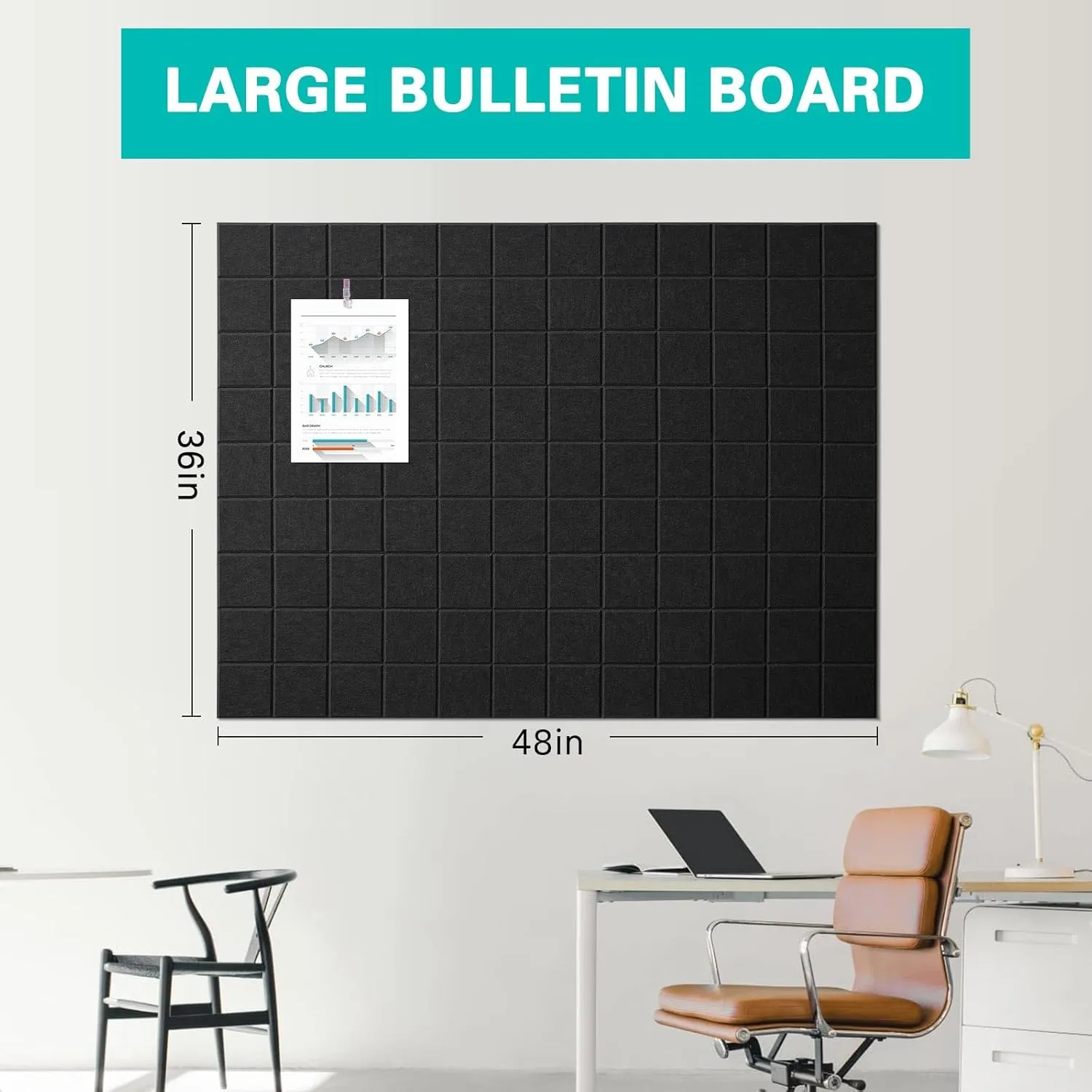 Large Cork Board, 12 Pack Felt Wall Tiles with Safe Removable Adhesive, Bulletin Board for Office, Pin Tack Corkboard for Quilting Design & Dart Wall Protector 48" x 36" - Black