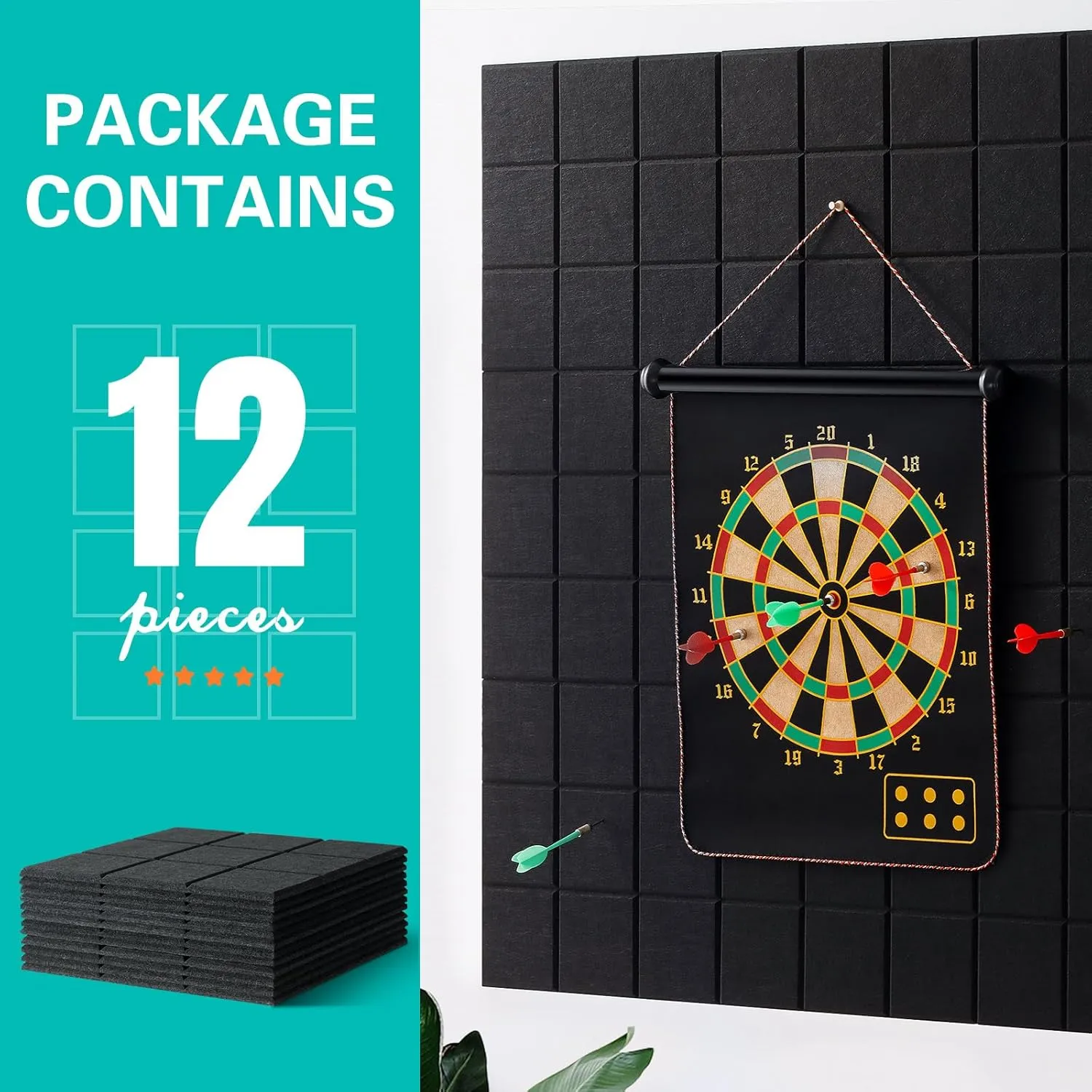 Large Cork Board, 12 Pack Felt Wall Tiles with Safe Removable Adhesive, Bulletin Board for Office, Pin Tack Corkboard for Quilting Design & Dart Wall Protector 48" x 36" - Black