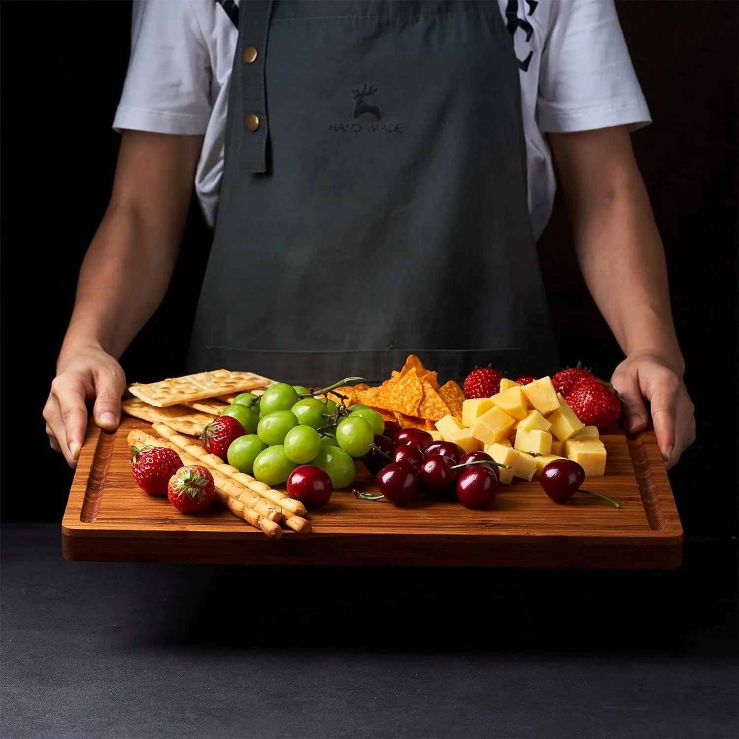 Large Wood Cutting Board for Kitchen, 1” Thick Bamboo Cheese Charcuterie Board, Butcher Chopping Block, with Juice Grooves and Handles