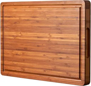 Large Wood Cutting Board for Kitchen, 1” Thick Bamboo Cheese Charcuterie Board, Butcher Chopping Block, with Juice Grooves and Handles