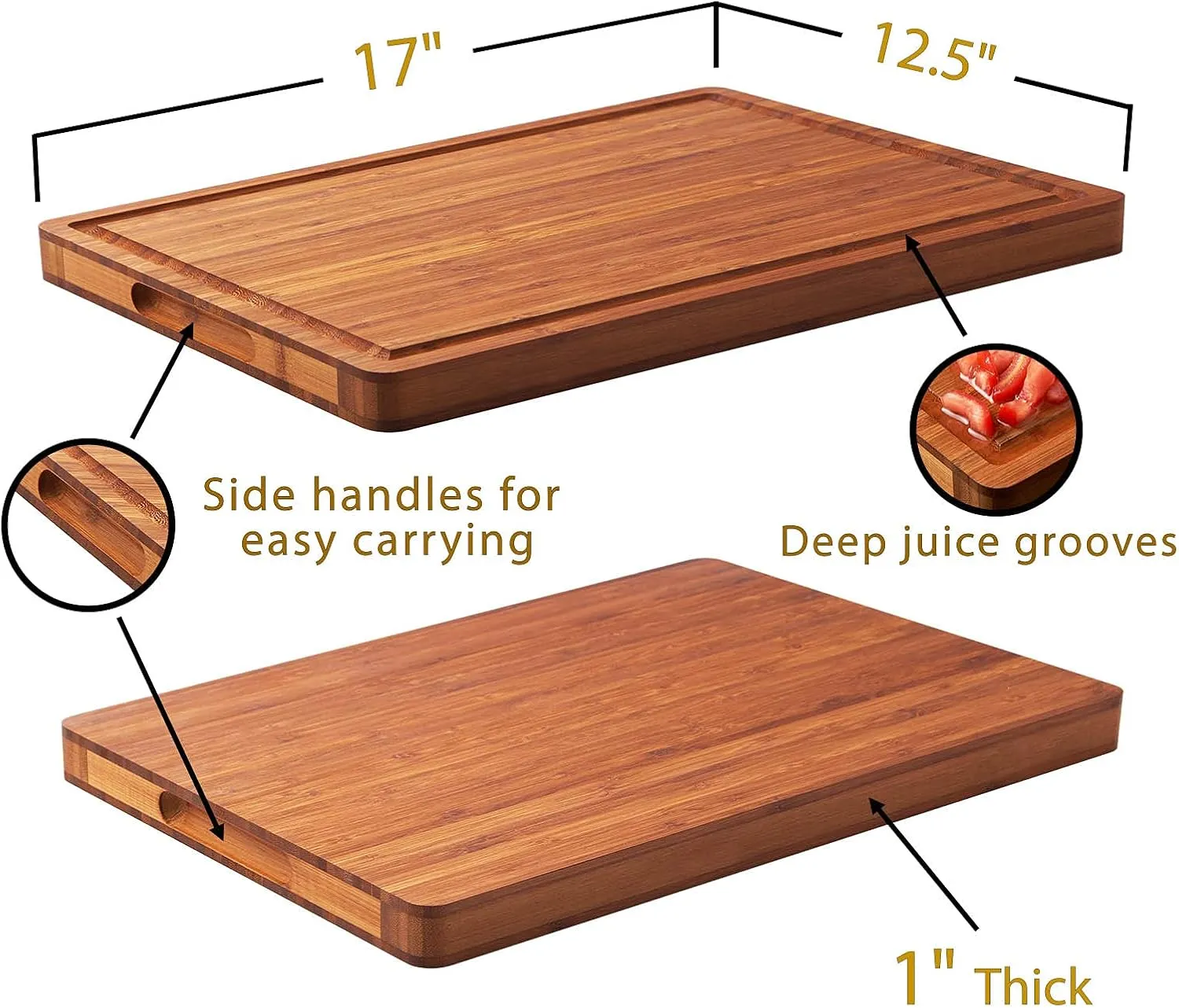 Large Wood Cutting Board for Kitchen, 1” Thick Bamboo Cheese Charcuterie Board, Butcher Chopping Block, with Juice Grooves and Handles
