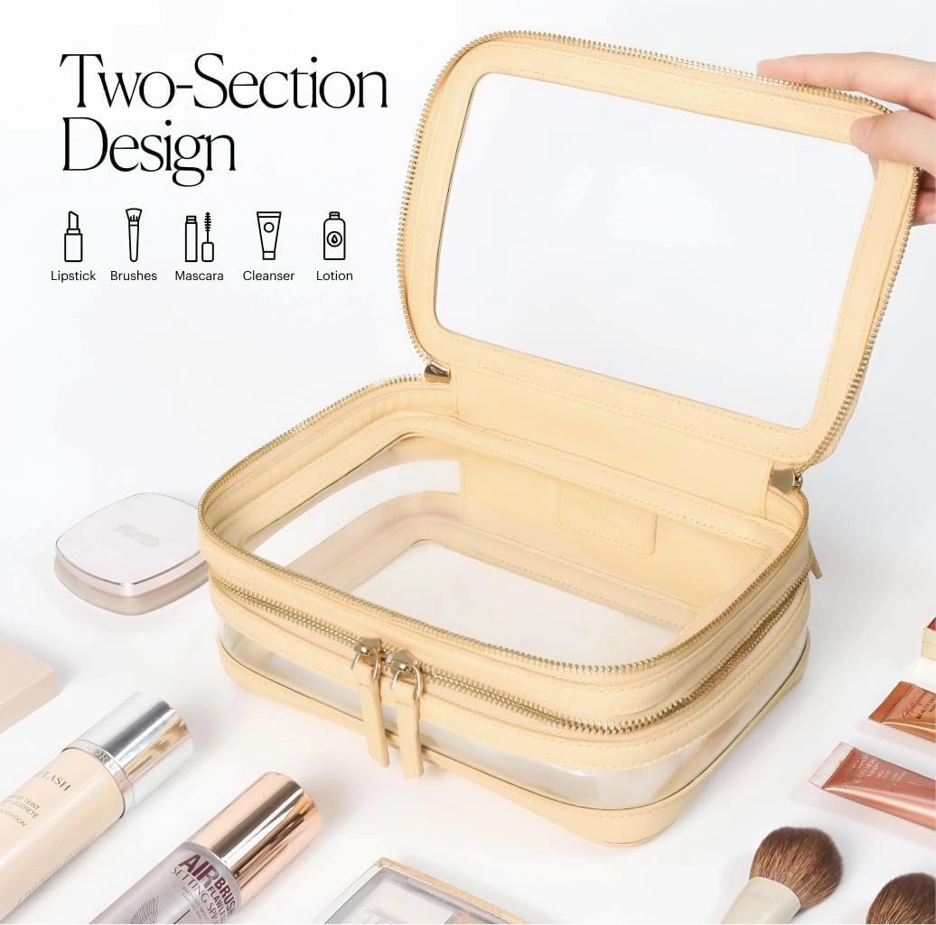 Large Clear Makeup Bag for Women with Zipper Organizer, Beige Travel Makeup Bag for Women Clear Cosmetic Case, Clear Travel Bags for Toiletries, Clear Make Up Bag Traveling Women, Car Bag Organizer