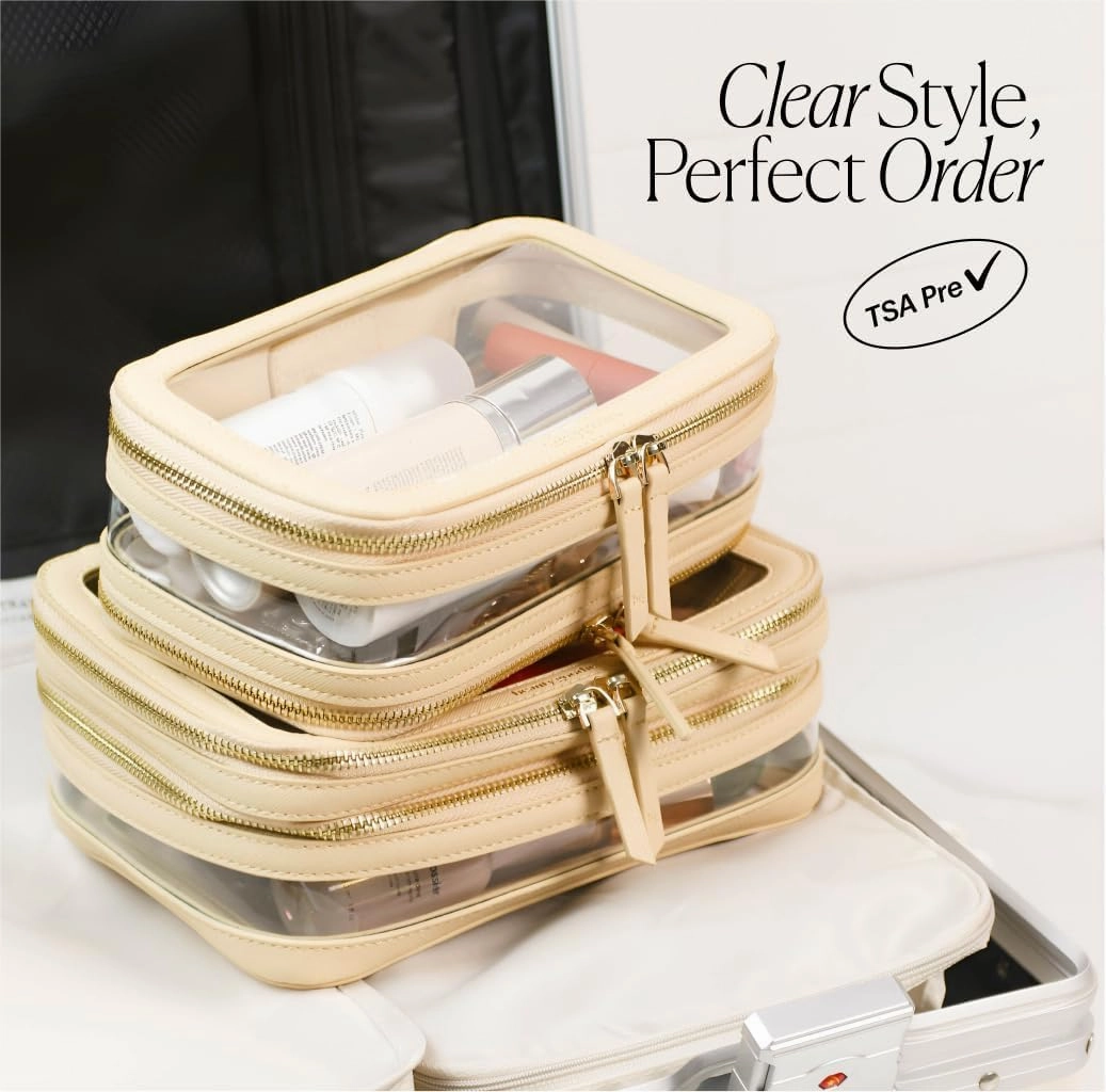 Large Clear Makeup Bag for Women with Zipper Organizer, Beige Travel Makeup Bag for Women Clear Cosmetic Case, Clear Travel Bags for Toiletries, Clear Make Up Bag Traveling Women, Car Bag Organizer