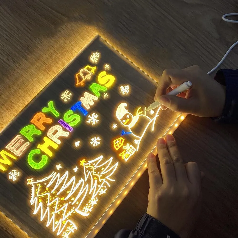 LED Note Board with 7 Colors Pen, Magic Note Board Glowing Acrylic Message Marker Board with Light, LED Illuminated Drawing Board Light Up Dry Erase Board with Stand for Office School Home (20*20cm)