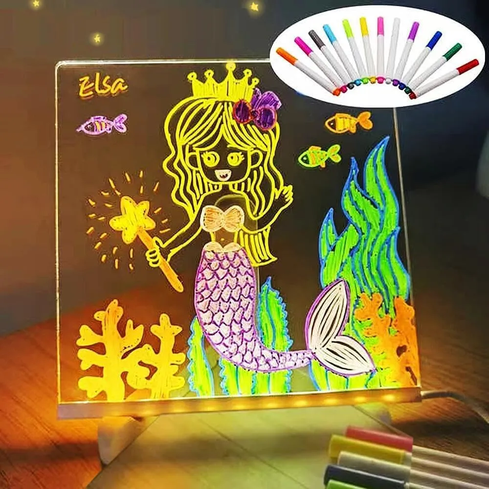 LED Note Board with 7 Colors Pen, Magic Note Board Glowing Acrylic Message Marker Board with Light, LED Illuminated Drawing Board Light Up Dry Erase Board with Stand for Office School Home (20*20cm)