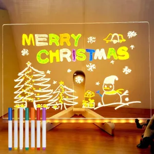 LED Note Board with 7 Colors Pen, Magic Note Board Glowing Acrylic Message Marker Board with Light, LED Illuminated Drawing Board Light Up Dry Erase Board with Stand for Office School Home (20*20cm)