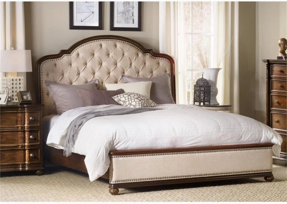 Leesburg King Fabric Upholstered Button Tufted Bed with Brown Rails by Hooker