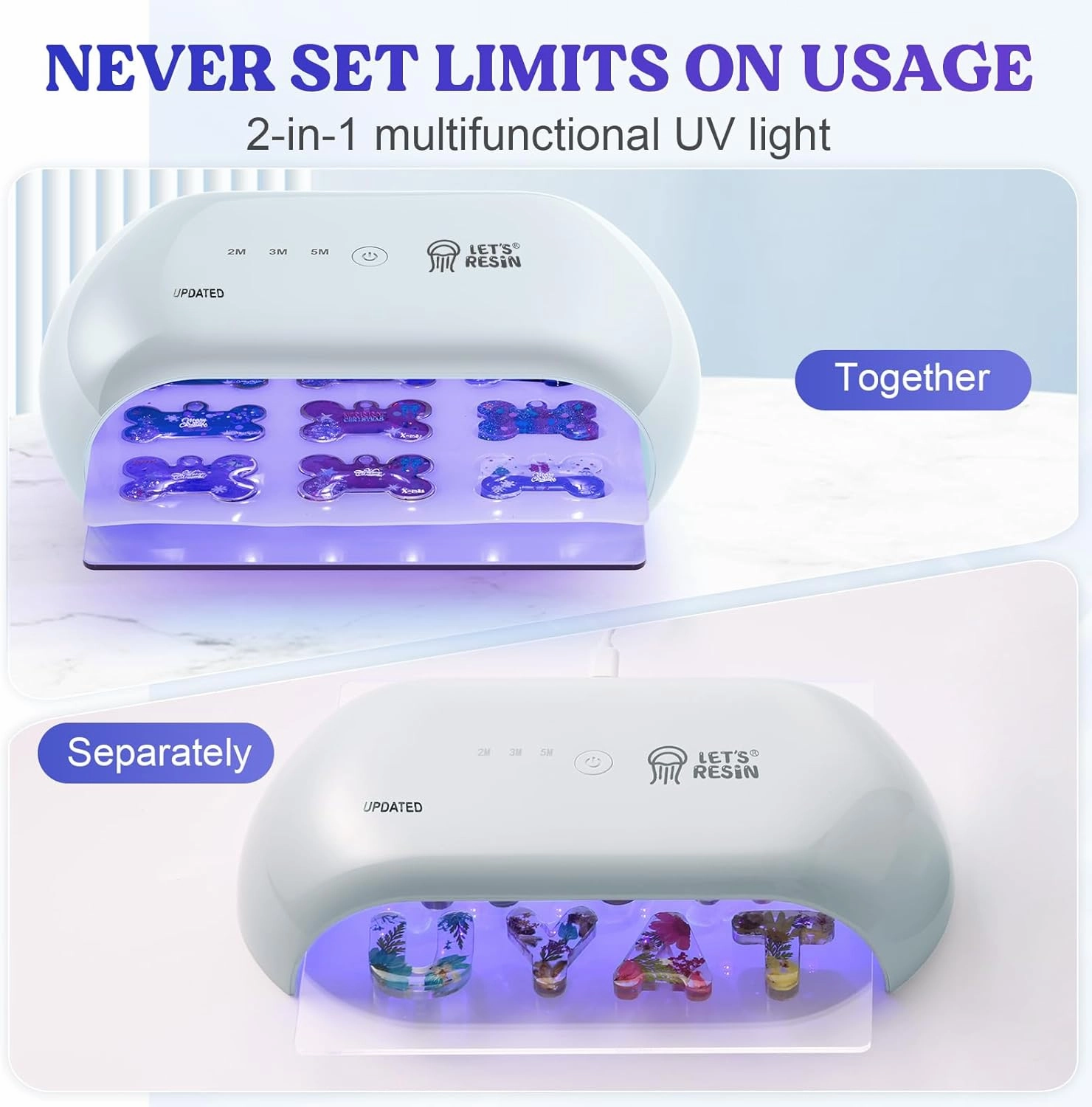 LET'S RESIN UV Light Advanced,Two-Sided Longer time Setting(2m,3m,5m) UV Lamp with Dual Head Adapter, Large Size 36 Beads LED UV Light for Resin Curing,Resin Molds,DIY Craft Decor(Grey Green)