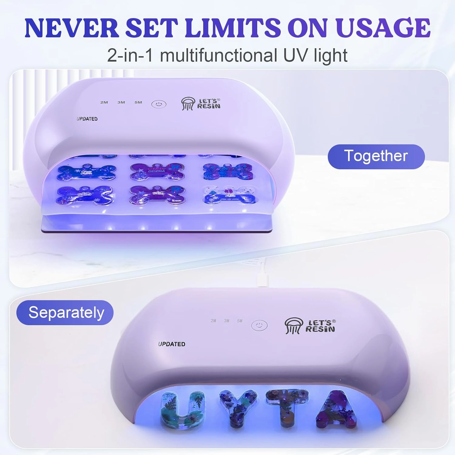 LET'S RESIN UV Light Advanced,Two-Sided Longer time Setting(2m,3m,5m) UV Lamp with Dual Head Adapter, Large Size 36 Beads LED UV Light for Resin Curing,Resin Molds,DIY Craft Decor(Purple)