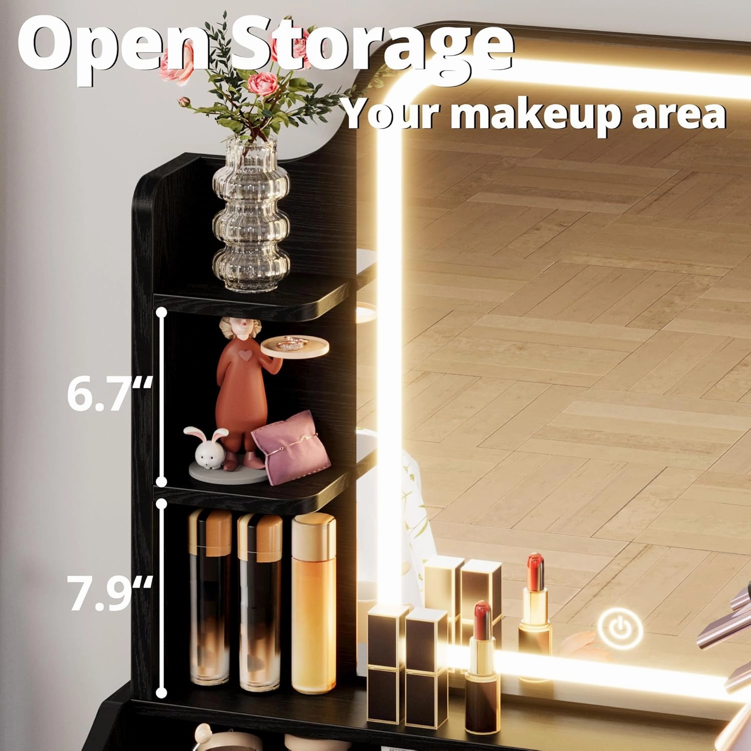 LIKIMIO Small Makeup Vanity Desk with Mirror and Lights, Vanity Table Set with Storage Drawer, Chair and Three Shelves, Bedroom, Black