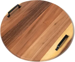 Lipper International Acacia Wood Serve Board with Black Handles for Cheese, Crackers, and Charcuterie, Round 17 5/8" Diameter x 1"