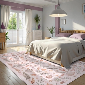 LIVEBOX Vintage Coastal Machine Washable 5x7 Area Rugs for Living Room, Non Slip Soft Pink Low Pile Farmhouse Ocean Beach Kids Rugs for Bedroom Indoor, Carpet Rugs for Dining Room (5x7ft)