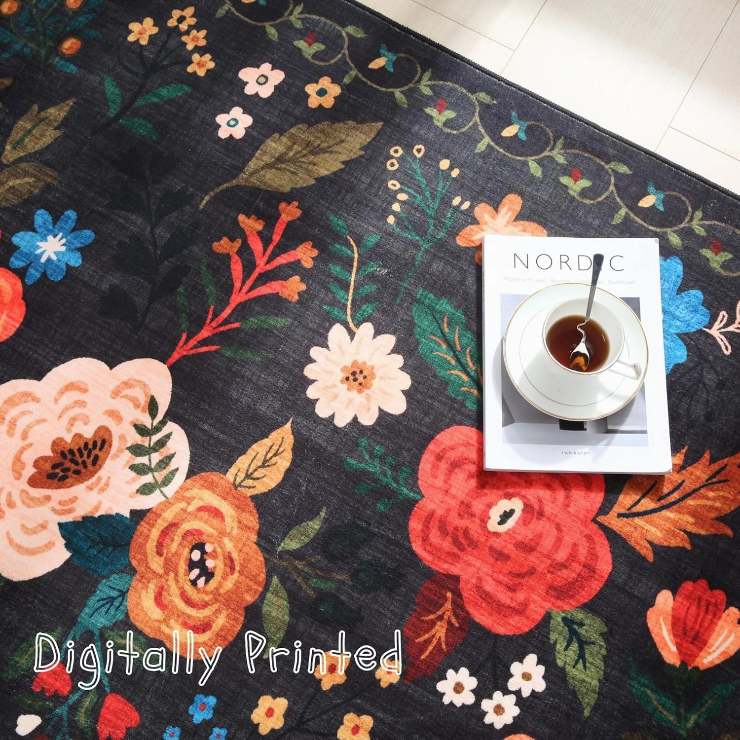Living Room Rug 6x9 Rug Machine Washable Boho Area Rug Non Slip Floral Vintage Low Pile Large Rug for Living Room, Bedroom, Farmhouse, Dining Room, Kids Playroom(Black)