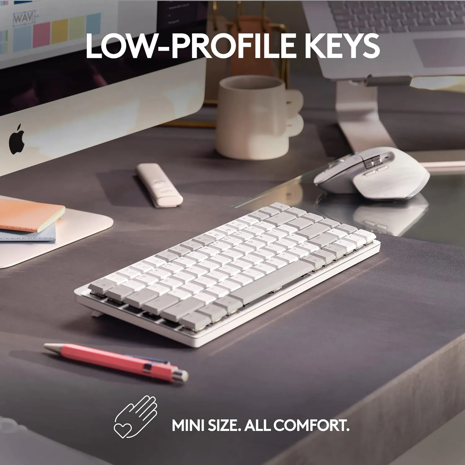 Logitech MX Mechanical Mini for Mac Wireless Illuminated Keyboard, Low-Profile Performance Switches, Tactile Quiet Keys, Backlit, Bluetooth, USB-C, Apple, iPad - Pale Grey