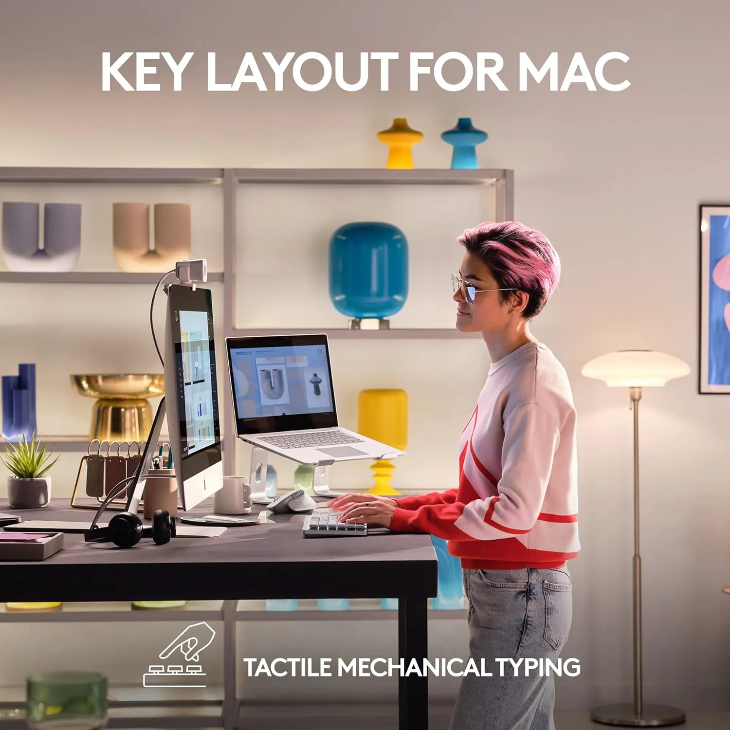 Logitech MX Mechanical Mini for Mac Wireless Illuminated Keyboard, Low-Profile Performance Switches, Tactile Quiet Keys, Backlit, Bluetooth, USB-C, Apple, iPad - Pale Grey