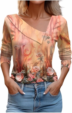 LRMQS Spring Tops for Women 2024 Trendy Casual Long Sleeve Asymmetric V Neck Button Blouses Dressy Woman Shirts Clothing