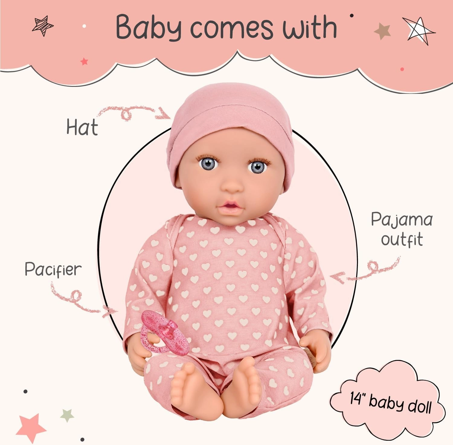 LullaBaby – 14-inch Realistic Baby Doll – Fair Skin Tone & Gray Eyes – Soft Body & Removable Outfit – Pink Hat & Pacifier Accessory – Toys For Kids Ages 2 & Up – Baby Doll – Pink Heart-Print Pajama
