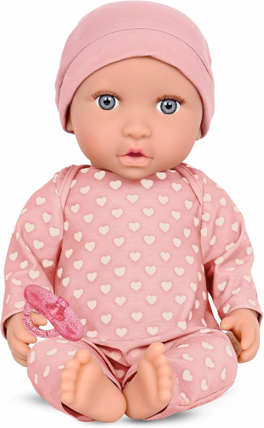 LullaBaby – 14-inch Realistic Baby Doll – Fair Skin Tone & Gray Eyes – Soft Body & Removable Outfit – Pink Hat & Pacifier Accessory – Toys For Kids Ages 2 & Up – Baby Doll – Pink Heart-Print Pajama