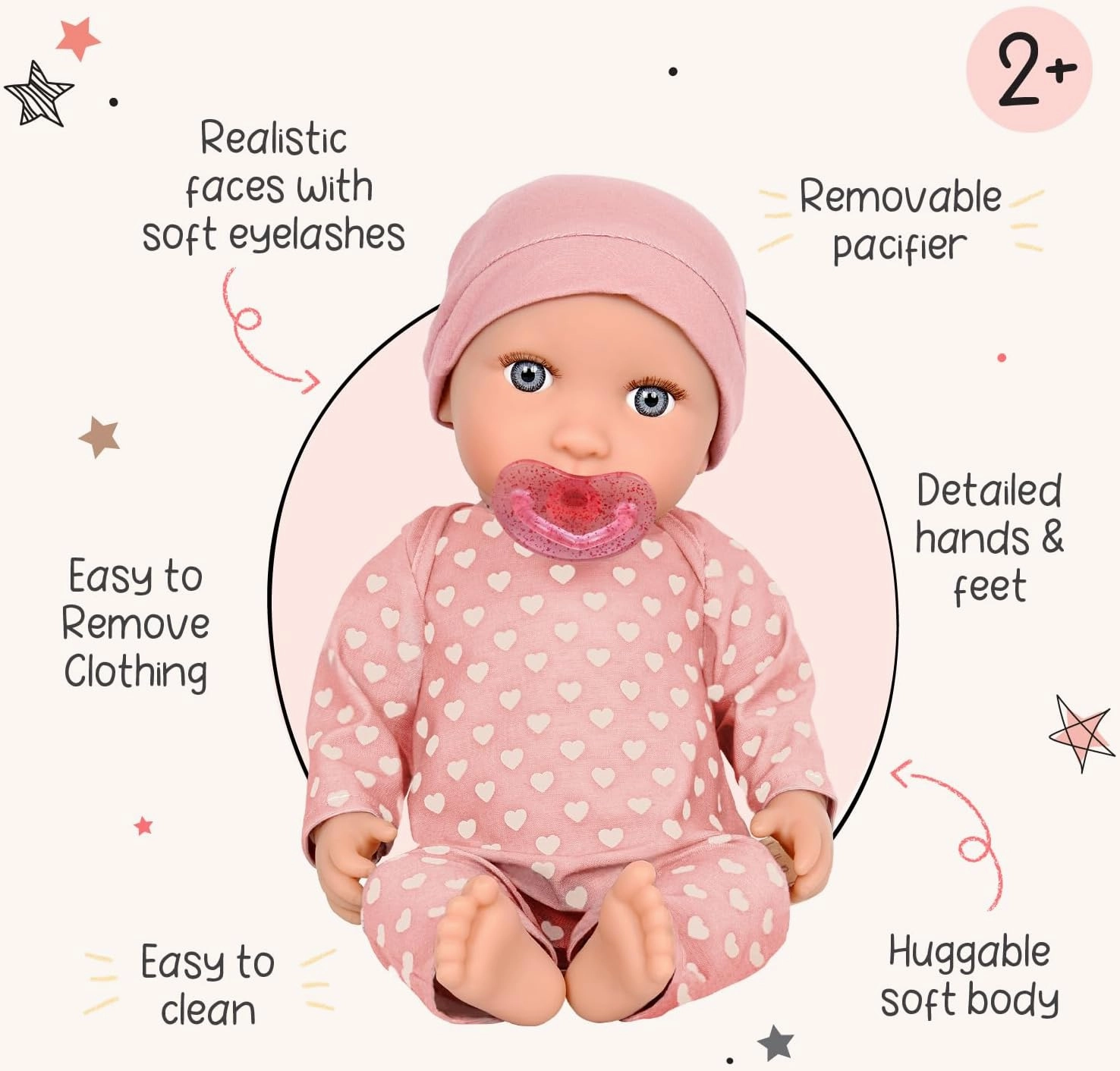 LullaBaby – 14-inch Realistic Baby Doll – Fair Skin Tone & Gray Eyes – Soft Body & Removable Outfit – Pink Hat & Pacifier Accessory – Toys For Kids Ages 2 & Up – Baby Doll – Pink Heart-Print Pajama