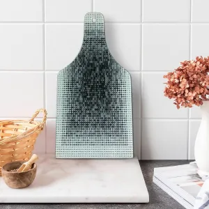 Lunarable Modern Art Cutting Board, Digital Futuristic Pixel Tech-Art with Dots Spots Artificial Abstract Pattern, Decorative Tempered Glass Cutting and Serving Board, Wine Bottle Shape, Grey Black
