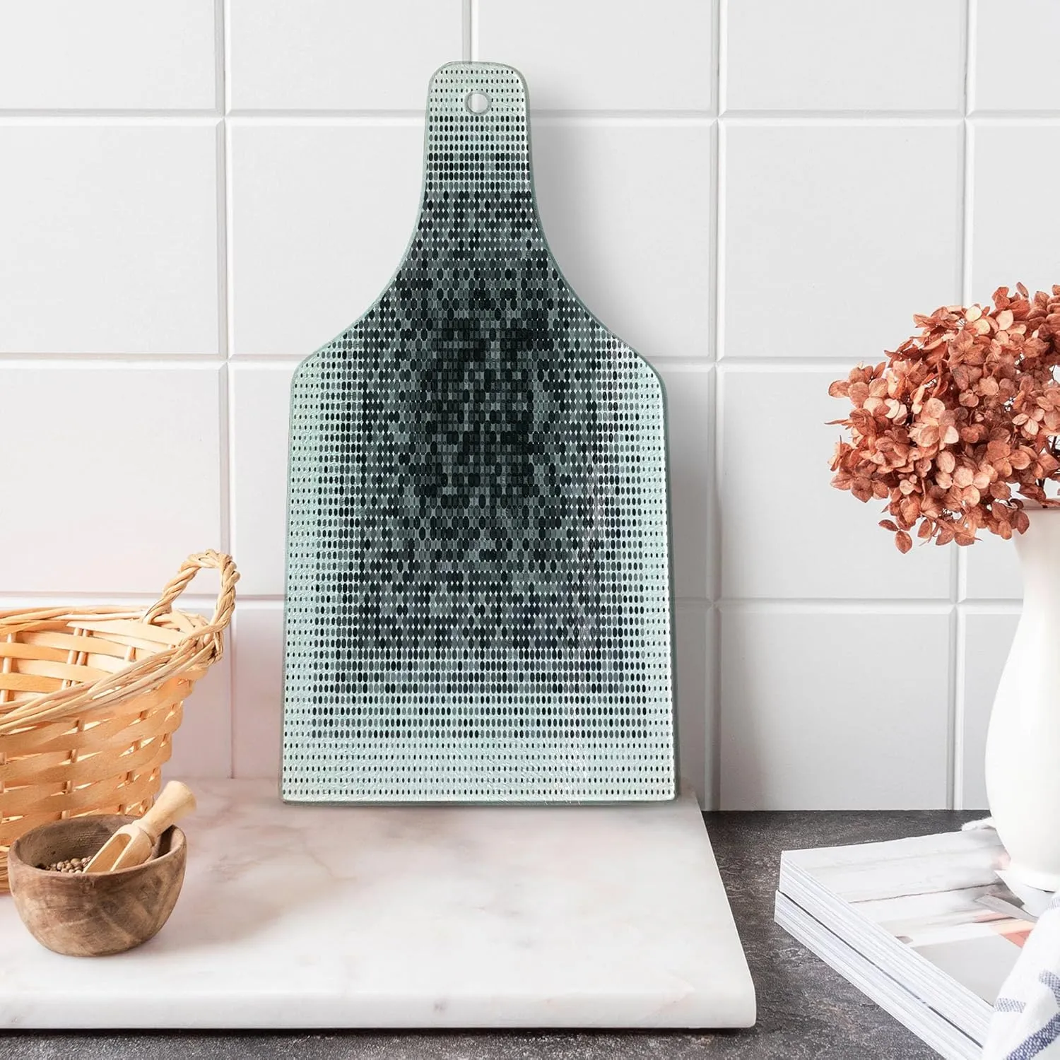 Lunarable Modern Art Cutting Board, Digital Futuristic Pixel Tech-Art with Dots Spots Artificial Abstract Pattern, Decorative Tempered Glass Cutting and Serving Board, Wine Bottle Shape, Grey Black