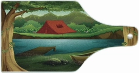 Lunarable Camping Cutting Board, Idyllic Nature Scene of a Deep Forest with Lake and Mountains Cartoon Woodland, Decorative Tempered Glass Cutting and Serving Board, Wine Bottle Shape, Multicolor