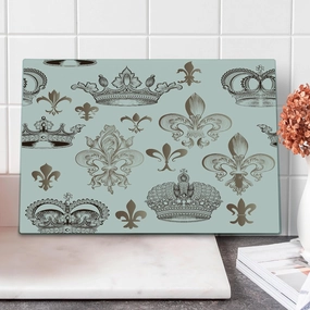 Lunarable Fleur De Lis Cutting Board, Crowns and Fleur-de-Lis Shapes in Engraved Style Fame Symbolic Art Print, Decorative Tempered Glass Cutting and Serving Board, Large Size, Beige Tan