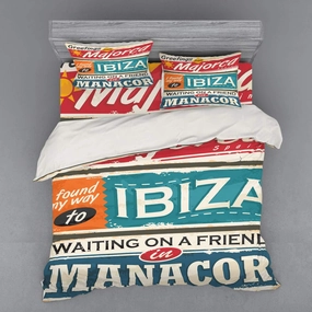Lunarable Ibiza Bedding Set, Vacation Themed Majorca Ibiza and Manacor Exotic Places from Balear Region Spain, 4 Piece Duvet Cover Set with Shams and Fitted Sheet, King Size, Multicolor