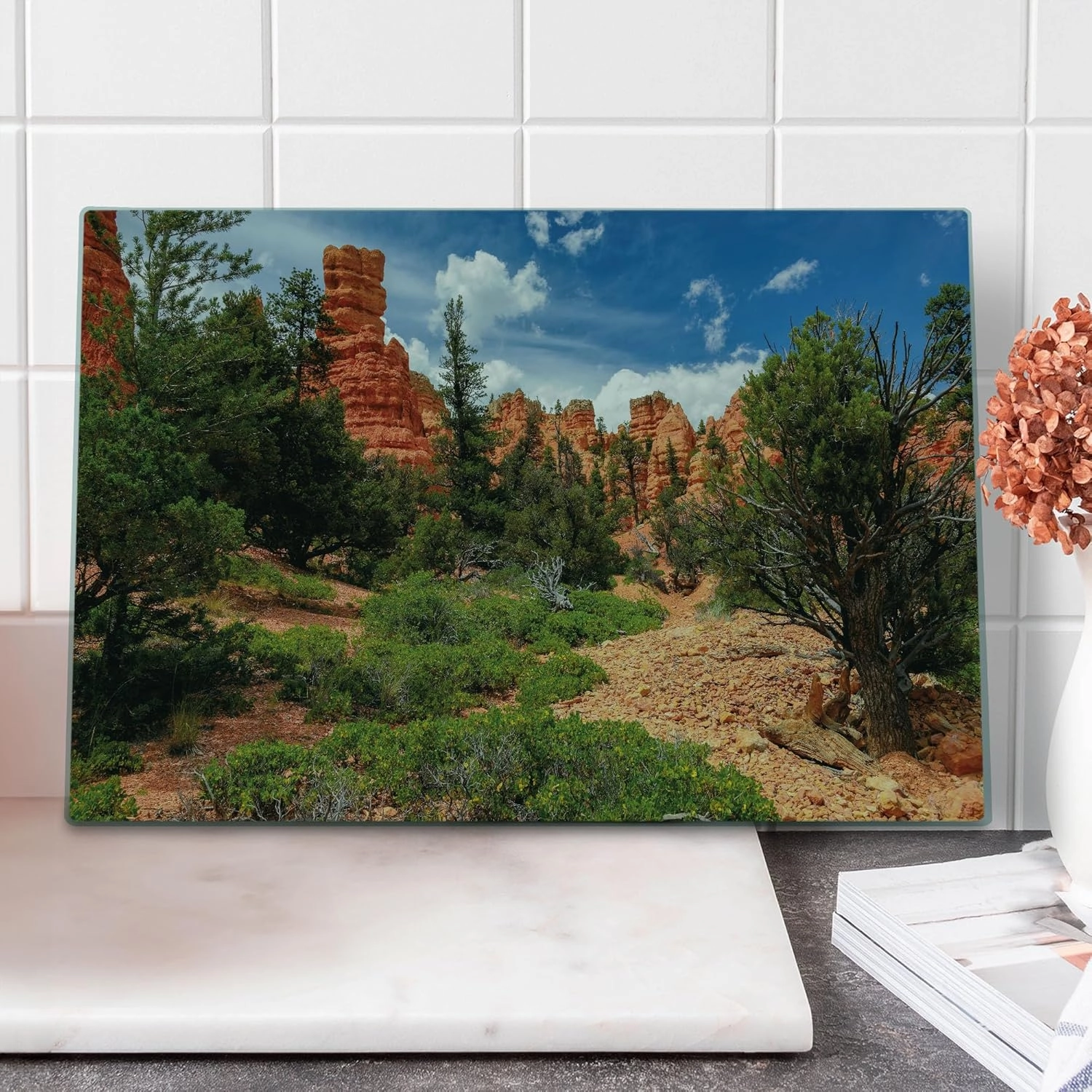 Lunarable Idyllic Cutting Board, Bryce Canyon National Park USA Scenery Famous Natural Plateau Monument, Decorative Tempered Glass Cutting and Serving Board, Large Size, Rust Blue Olive Green