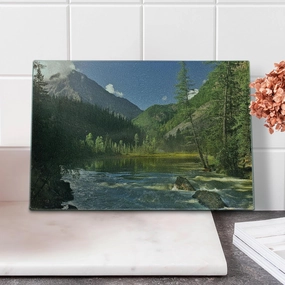 Lunarable Landscape Cutting Board, Mountain Lake West Siberia Altai Mountains Katun Ridge Alpine Forest Morning View, Decorative Tempered Glass Cutting and Serving Board, Small Size, Green Blue
