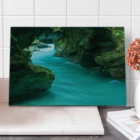 Lunarable Waterfall Cutting Board, Tolminka Alpine River Water and Caves Exotic Nature Travel Picture, Decorative Tempered Glass Cutting and Serving Board, Large Size, Turquoise Dark Green