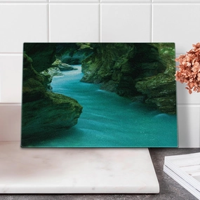 Lunarable Waterfall Cutting Board, Tolminka Alpine River Water and Caves Exotic Nature Travel Picture, Decorative Tempered Glass Cutting and Serving Board, Small Size, Turquoise Dark Green