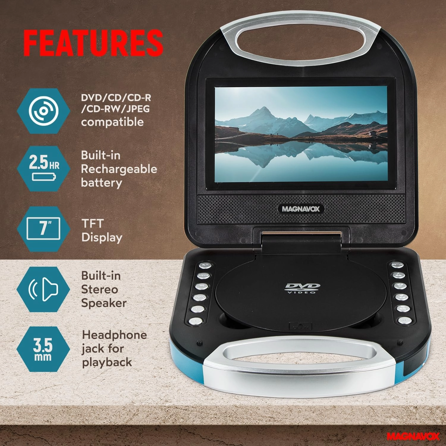 Magnavox MTFT750-BL Portable 7 inch TFT DVD/CD Player with Remote Control and Car Adapter in Blue | Rechargeable Battery | Headphone Jack | Built-In Speakers | (Renewed)