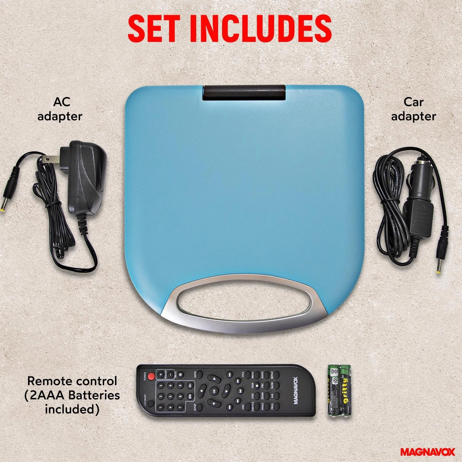 Magnavox MTFT750-BL Portable 7 inch TFT DVD/CD Player with Remote Control and Car Adapter in Blue | Rechargeable Battery | Headphone Jack | Built-In Speakers | (Renewed)