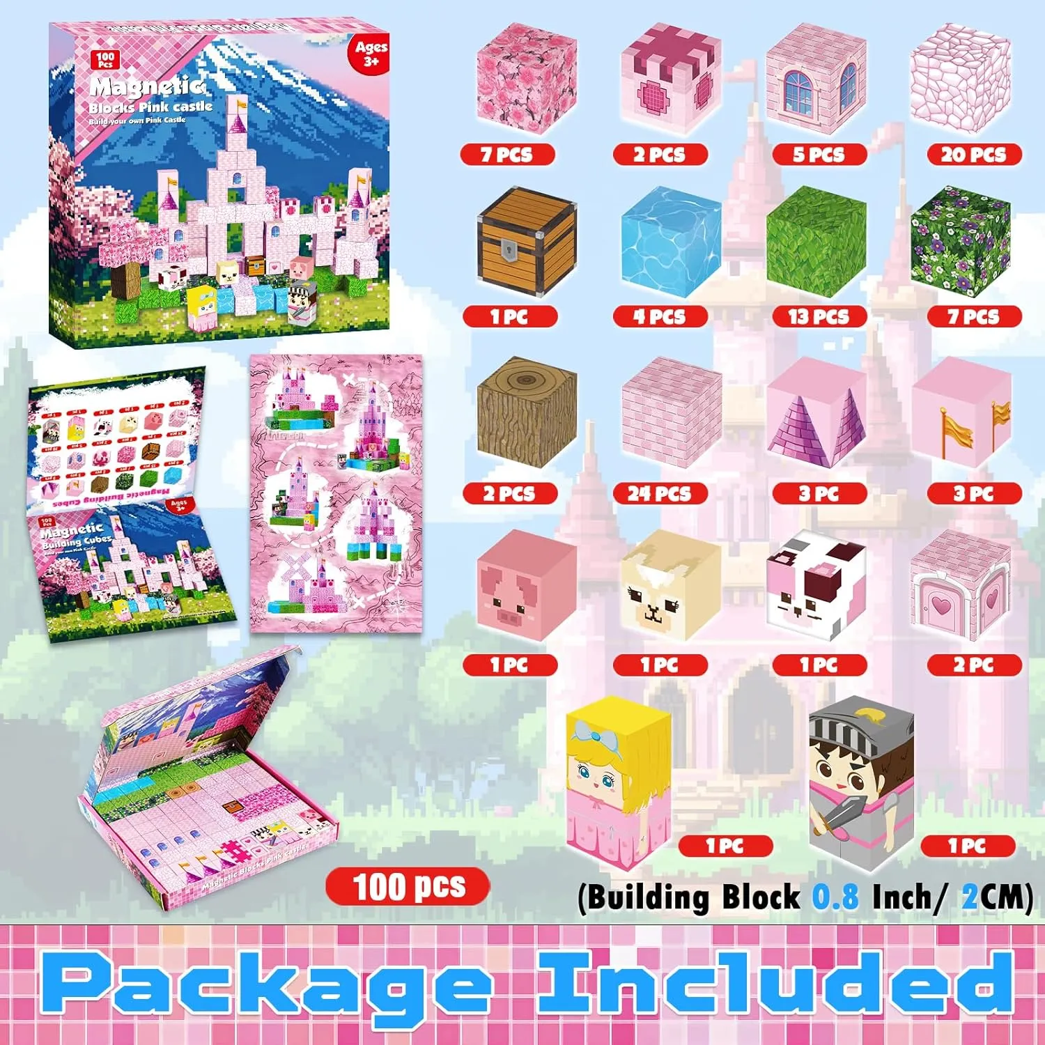 Magnetic Blocks-100PCS Magnetic Building Blocks, Magnetic Castle Princess Castle Garden STEM Magnetic Building Cubes for Toddler Kids Toys, Construction Toys for Kids Ages 3 