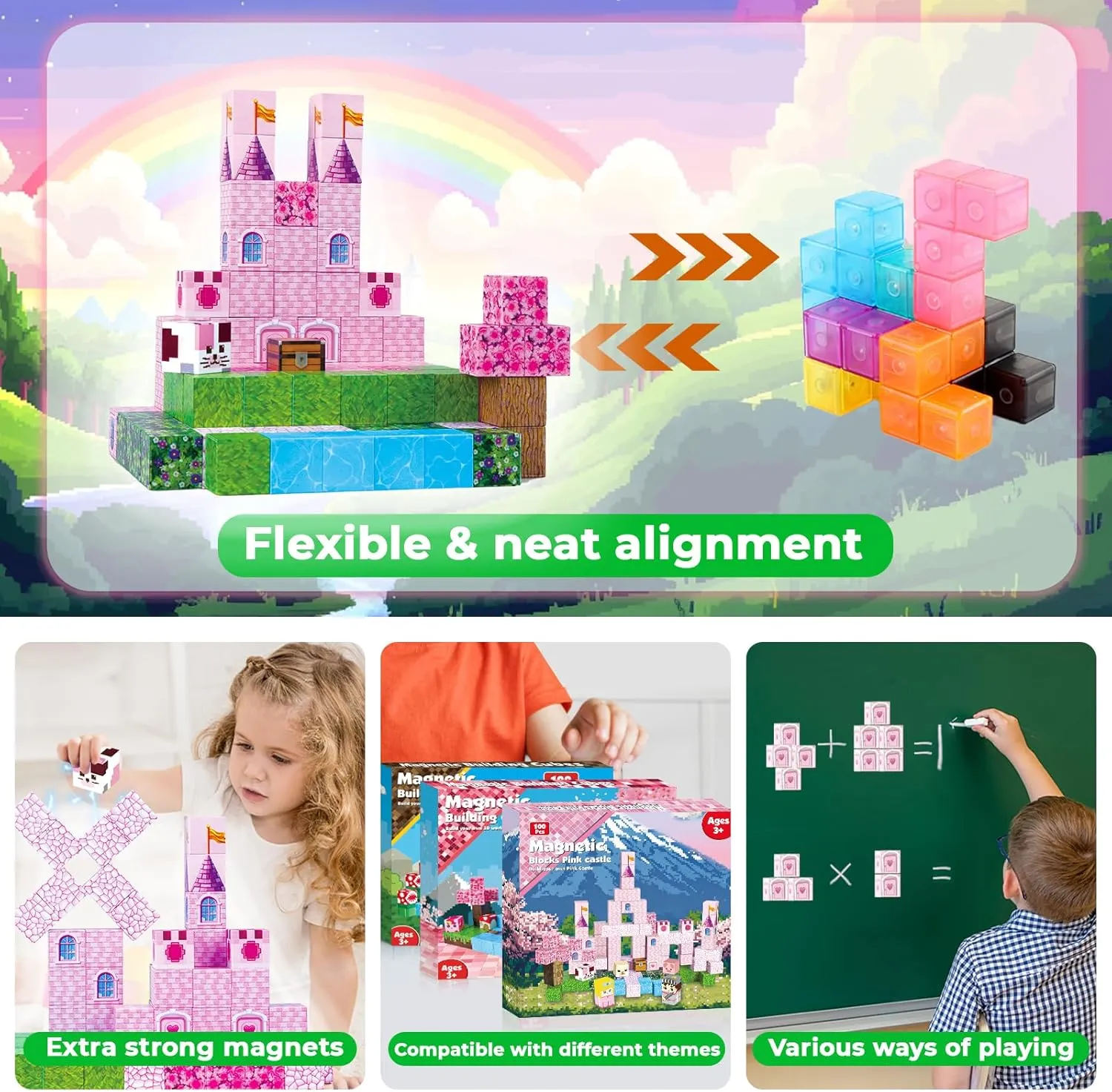 Magnetic Blocks-100PCS Magnetic Building Blocks, Magnetic Castle Princess Castle Garden STEM Magnetic Building Cubes for Toddler Kids Toys, Construction Toys for Kids Ages 3 