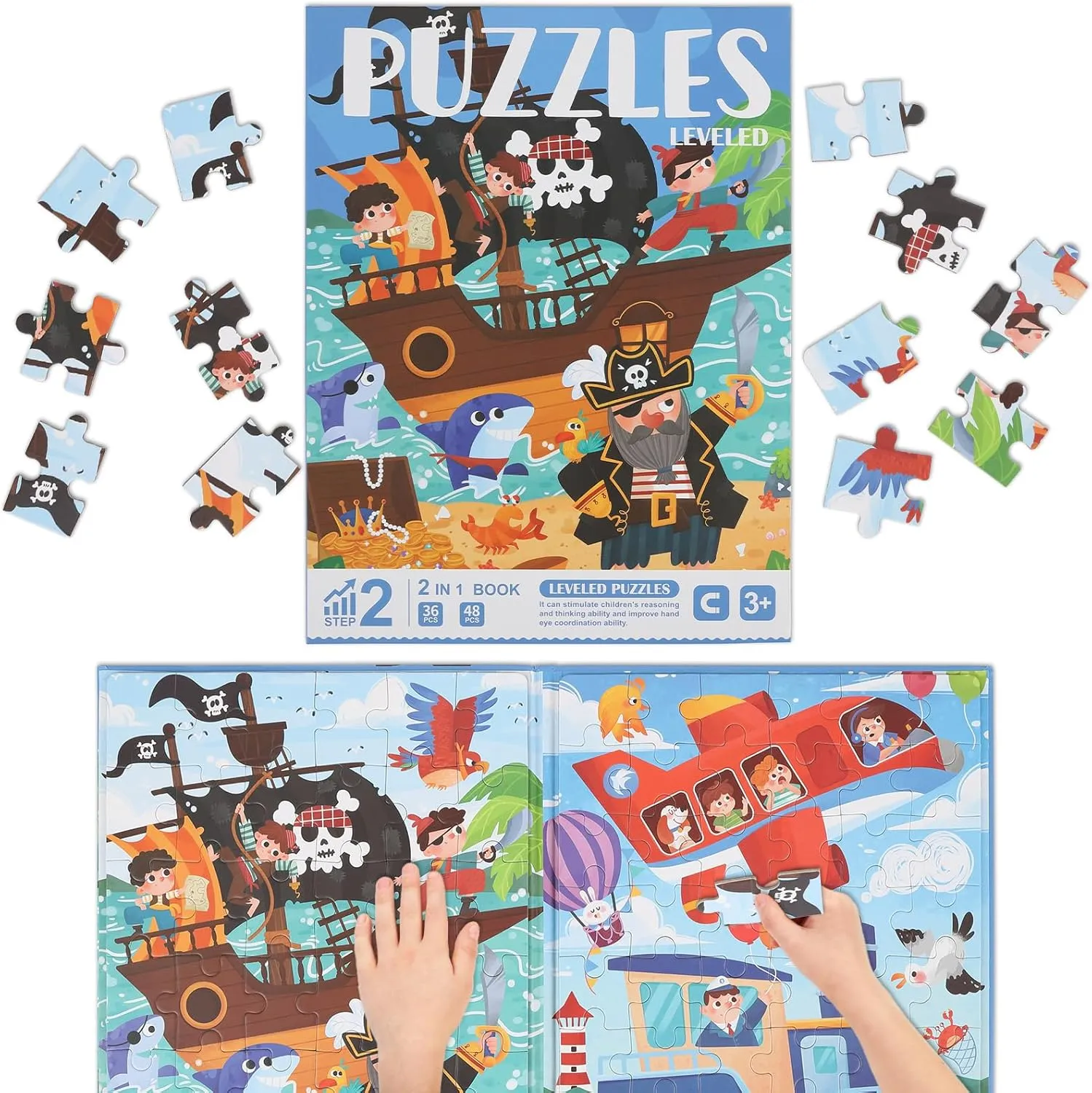 Magnetic Puzzles for Kids Ages 3-5, 2 in 1 Jigsaw Puzzle Book, 84pcs Pirate Magnet Jigsaw Puzzles A4 Size, Bookclip Storage Design Children Toys, Travel Activity Toys for Boys and Girls