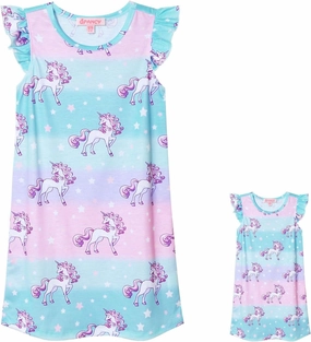 Matching Girls & 18" Dolls Nightgown Unicorn Nightdress Sleepwear Pajamas
