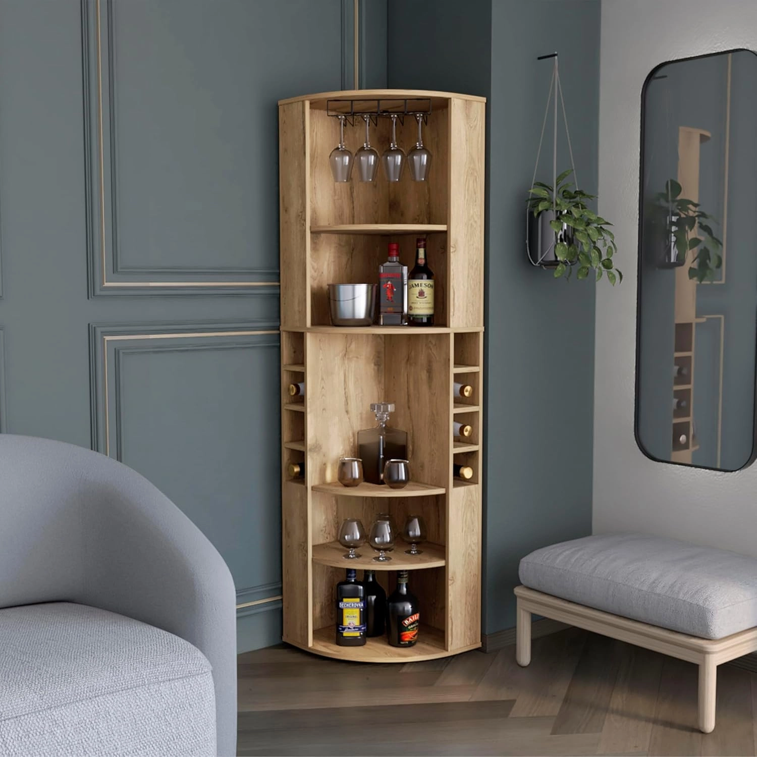 Maximize Storage with Oban Corner Bar Cabinet, Five Shelves, Eight Bottle Cubbies for Efficient Organization, Light Oak