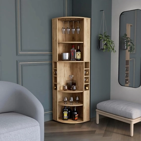 Maximize Storage with Oban Corner Bar Cabinet, Five Shelves, Eight Bottle Cubbies for Efficient Organization, Light Oak