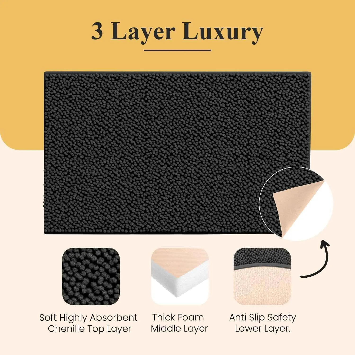 MAYSHINE Plush Shaggy Chenille Bath Mat | Extra Soft, Super Absorbent, Non-Slip Bathroom Rug | Fluffy Microfiber, Area Rug Sets for Bathroom Floor, Kitchen, Living Room | 23"x14" | Black