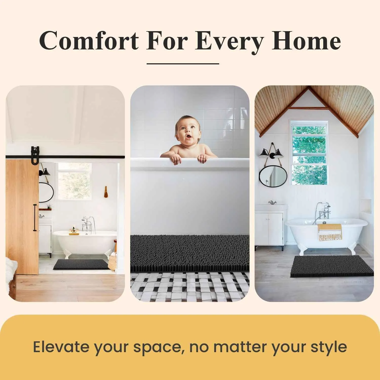 MAYSHINE Plush Shaggy Chenille Bath Mat | Extra Soft, Super Absorbent, Non-Slip Bathroom Rug | Fluffy Microfiber, Area Rug Sets for Bathroom Floor, Kitchen, Living Room | 23"x14" | Black