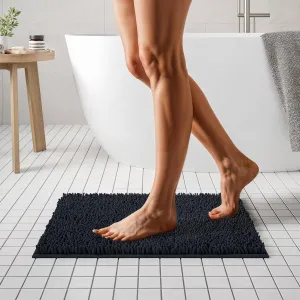 MAYSHINE Plush Shaggy Chenille Bath Mat | Extra Soft, Super Absorbent, Non-Slip Bathroom Rug | Fluffy Microfiber, Area Rug Sets for Bathroom Floor, Kitchen, Living Room | 23"x14" | Black