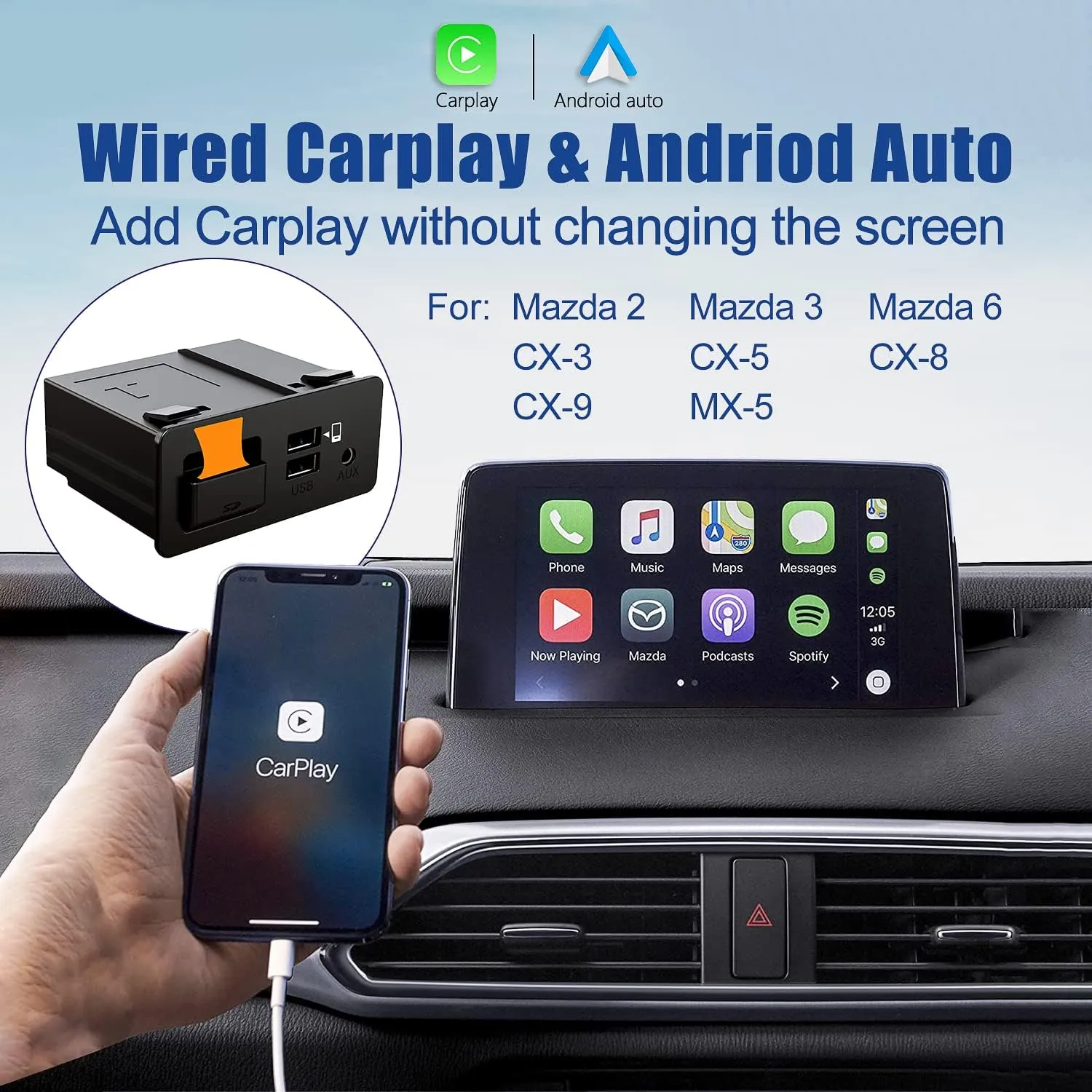 Mazda Carplay and Android Auto Retrofit Kit, TK78-66-9U0C OEM Hub Fits to MZD Connect System, Apple Carplay Adapter Compatible with Mazda 2/3/6/CX3/CX5/CX9/MX5 2015-2020 Year(2024 New Upgraded)
