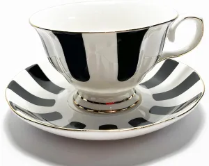 Mazeology Movie Star Retro Black and White Vertical Striped Bone China High Tea Cup and Saucer Set. An Elegant Additional to Your Tea and Coffee Cup Collection. 6 ounces. Fast Prime Delivery.